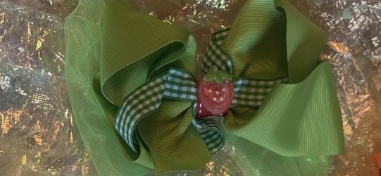 “ Hair Bow Homemade “  Green With Strawberry 