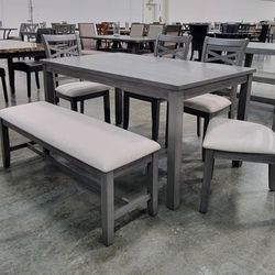 ✅️✅️ 6 pc grey finish wood dining table set padded seat chairs and bench ✅️