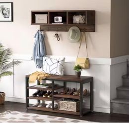 Shoe Rack with Coat Hooks, Hall Tree with Shoe Bench