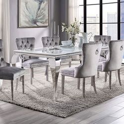 Brand New Glam White Gray Chrome Stainless Steel 7pc Dining Table Set