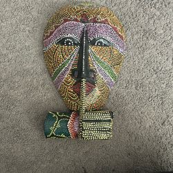 Hand Painted 11 1/2"  Indonesian Wooden Face Dot Painted Wall Hanging Decor