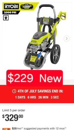 ✨️ RYOBI 2500 PSI 1.2 GPM High Performance Cold Water Electric Pressure Washer #2186