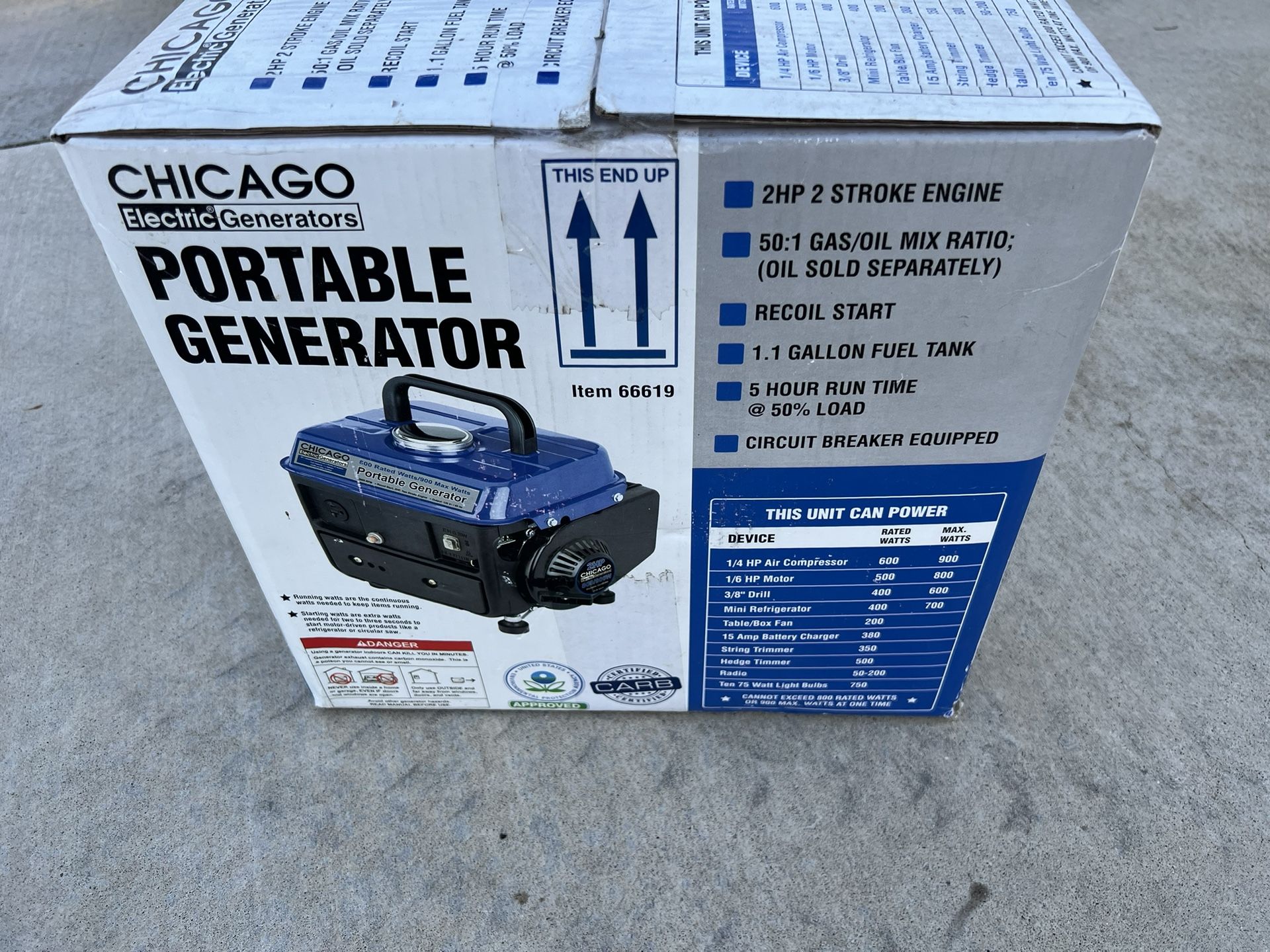 Chicago Electric Generators Portable Generator 800 Rated Watts 900 Max Watts New In Box