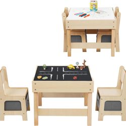3 in1 Kids Table and Chairs Ages 3-7, Montessori Toddler Table and Chair Set with Versatile Tabletop and Storage Drawer, Kids Activity Desk for Home, 