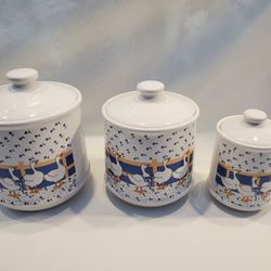 Vintage Ceramic Ducks Geese Country Canisters blue flowers-blue white theme