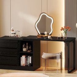 RY0115 Vanity Desk with 3 Drawers and 2 Shelves, Small Makeup Vanity Table with Reversible Storage Cabinet, Modern Corner Dressing Table for Bedroom, 