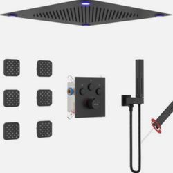 Thermostatic Shower System with 6PCS Body Jets Matte Black, Push Button Diverter Shower Ceiling 16 inch Shower head