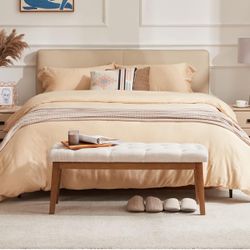 Bedroom bench, end of the bed, upholstered dining bench for kitchen, entrance bench with buttons, fabric ottoman bench for living room, entrance, beig
