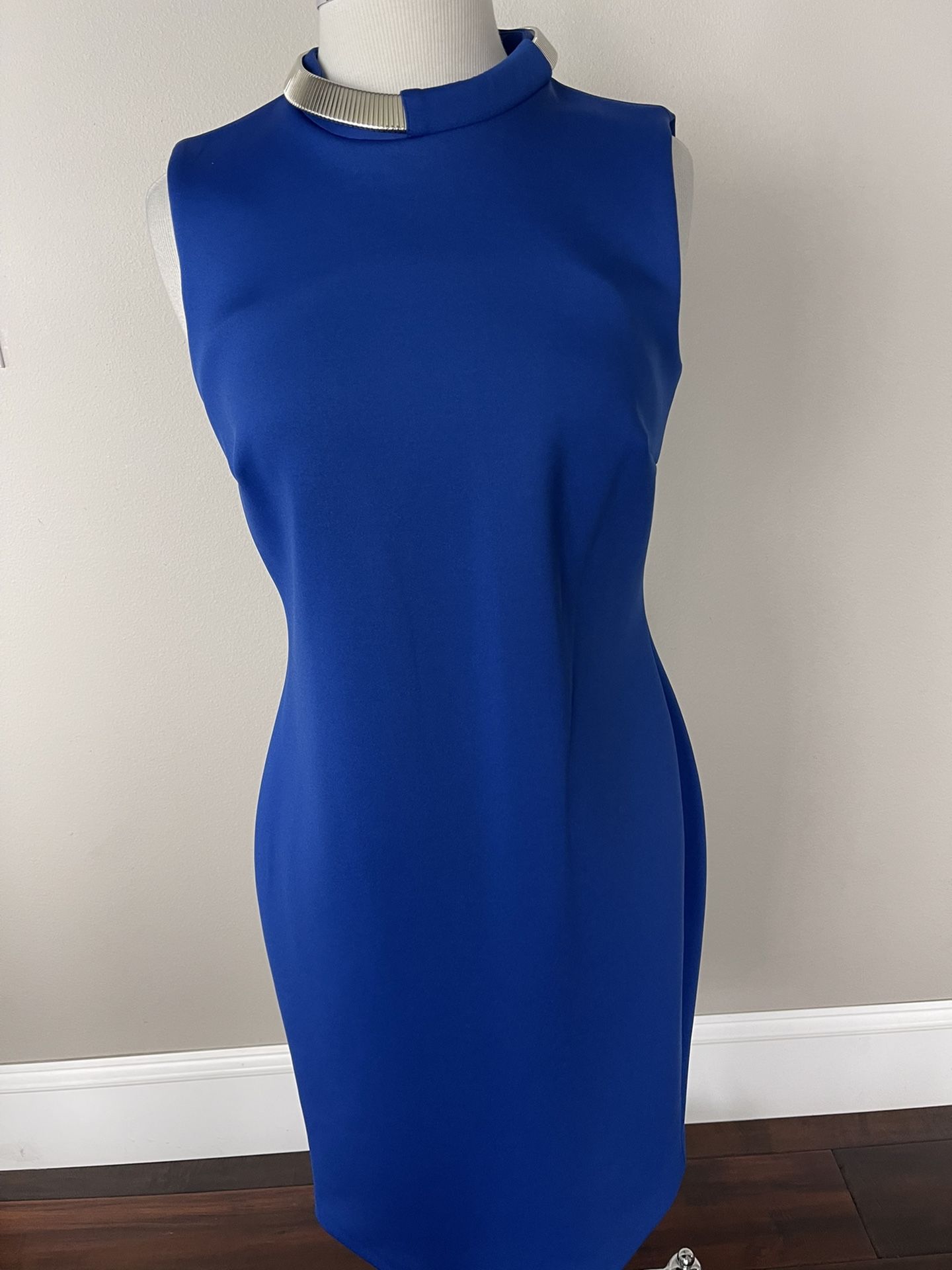 Stunning Calvin Klein Royal Blue Dress With Silver Accent Around Neck