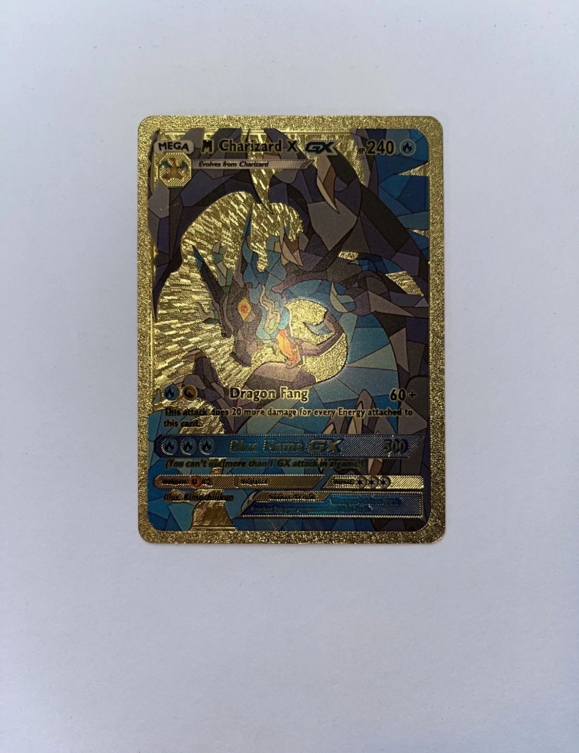 Blue Flames Stained Glass Charizard GX Gold Metal Fan Art Card Collectible