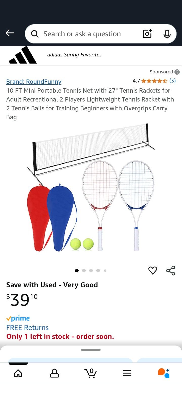 1222 10 FT Mini Portable Tennis Net with 27" Tennis Rackets for Adult Recreational 2 Players Lightweight Tennis Racket with 2 Tennis Balls for Trainin