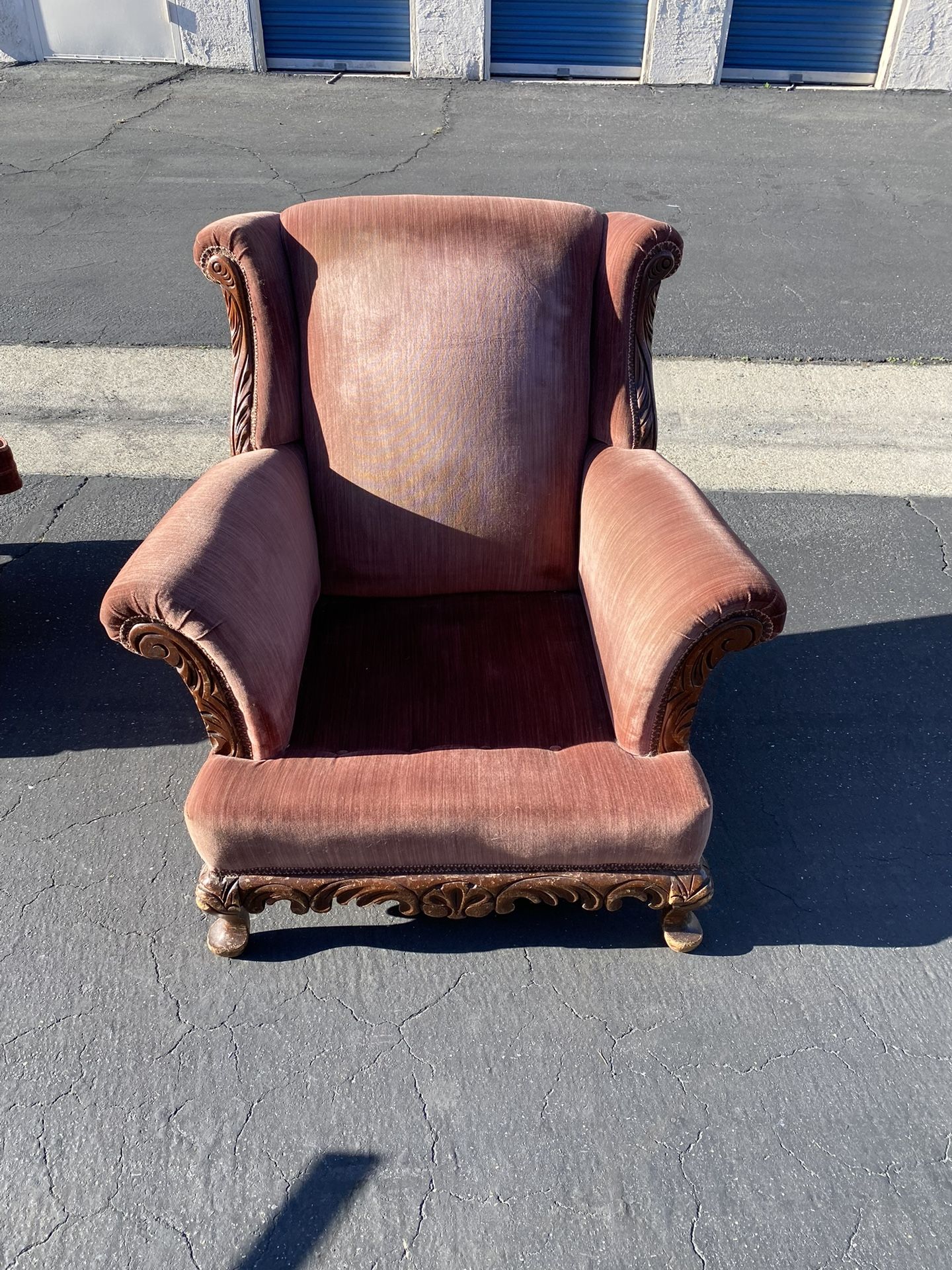 Mid century velvet arm chair and ottoman 