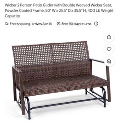 Wicker 2 Person Patio Glider with Double Weaved Wicker Seat, Powder Coated Frame, 50" W x 25.5" D x 35.5" H, 400 Lb Weight Capacity