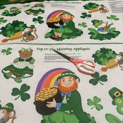 Vintage Irish St. Patrick's Day Fabric Pot Of Gold, Irish Teddy Bears Leprechaun Pot Of Gold