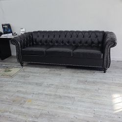 Sofá Chesterfield de 84 pulgadas, 3 plazas, sofá clásico de piel sintética con brazo enrollado y respaldo copetudo, resistente a las manchas, s
