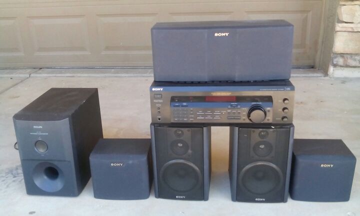 Sony str-se391 receiver, 5 sony surround speakers and philips powered sub