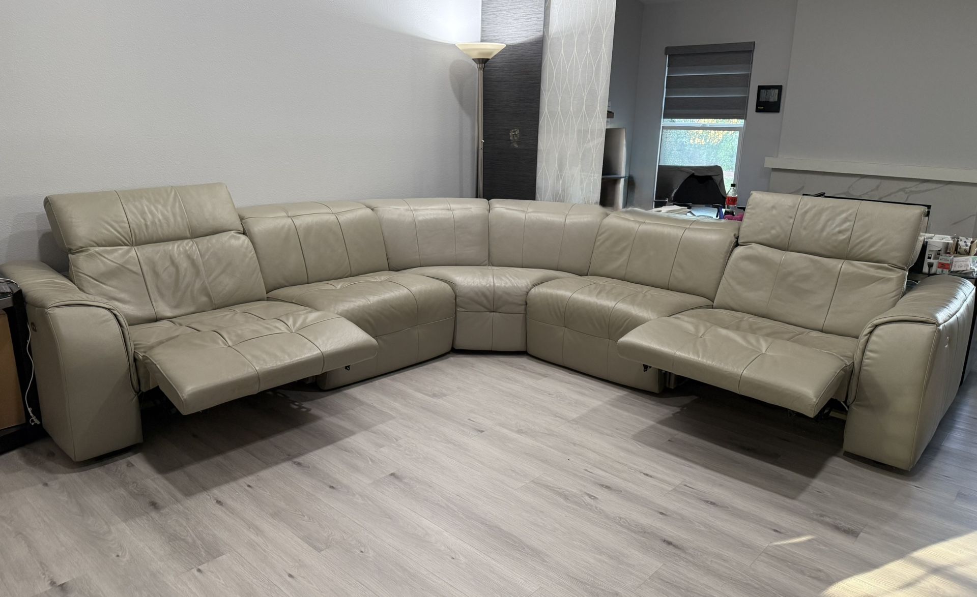 Sectional In Tan/ Grey Color, Leather, Recliner, Modern