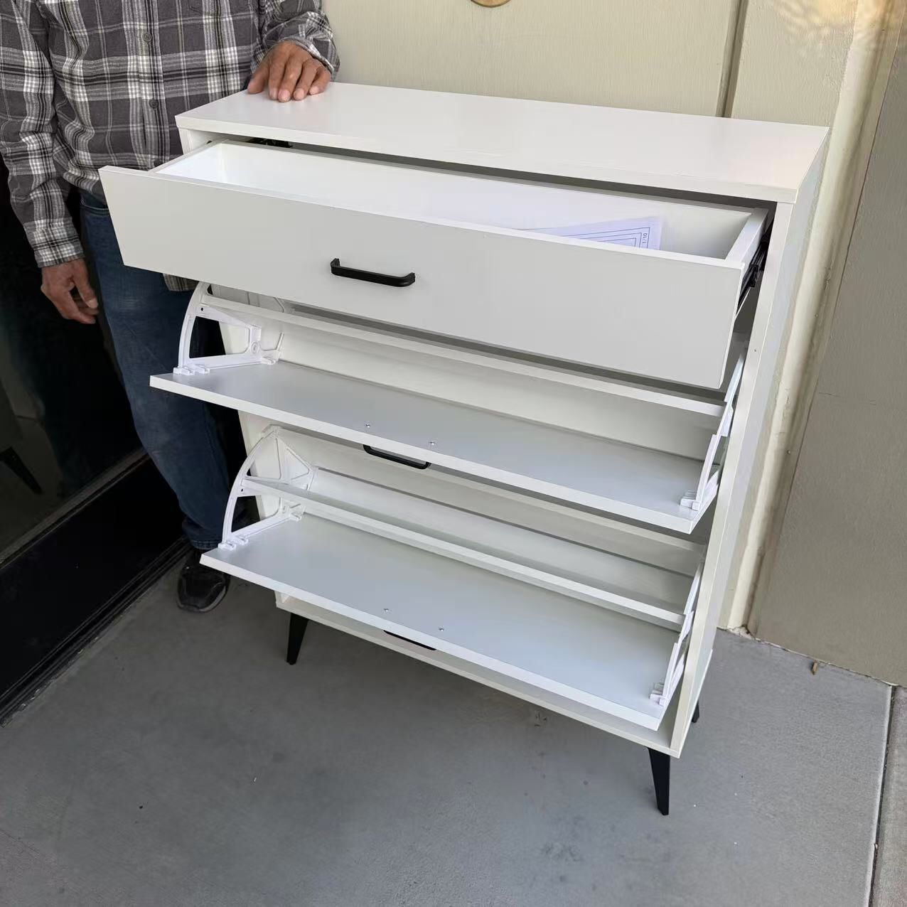 New In Box 32x10x44 Inch Tall Heavy Duty Material Shoe Storage Shelf  White Cabinet With Double Fold Down Drawer Organizer 