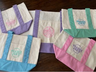 2026 Trader Joe's Large & Mini Pastel Canvas Tote Bag Set | 1 LG & 4 Mini