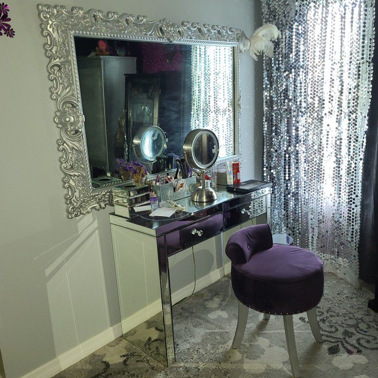 Mirrored Vanity Set W/ Large Wall Mirror & Chair
