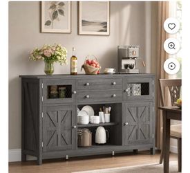 DEXTRUS 59" Farmhouse Coffee Bar Cabinet, Buffet Sideboard with 2 Drawers, 4 Doors, Adjustable Shelves, Grey