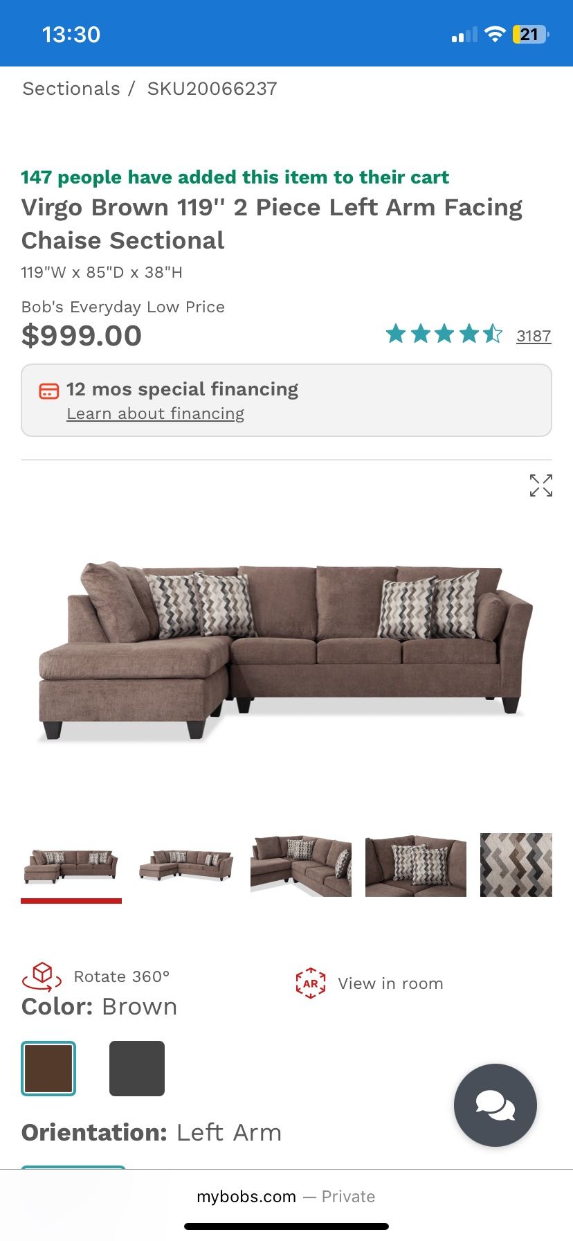 Brown Sectional -RIGHT ARM FACING
