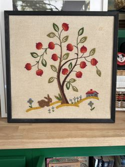 Crewel Spring Bunny Art Framed