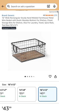 16" Wide Rectangular Sturdy Hand Welded Farmhouse Metal Wire Basket with Rustic Wooden Bottom For Shelves, Closet Storage Bins for Shelves. Also For L