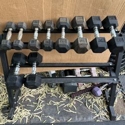 5-25lb Hex Rubber Dumbbell Set With Rack 