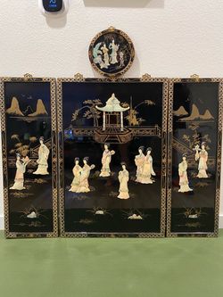Chinese Black Lacquer Wall Panel Set with Stone Figures