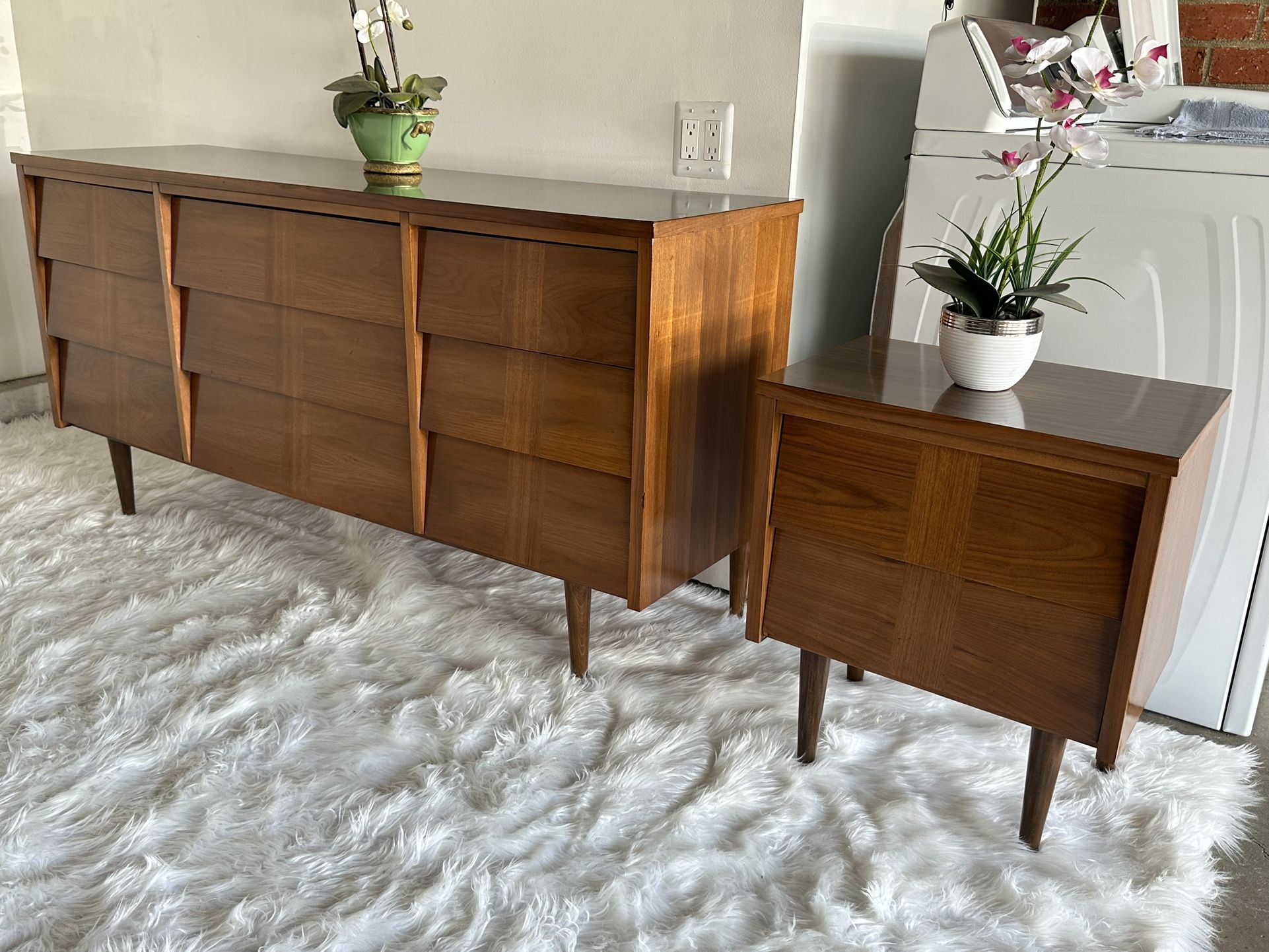 MID CENTURY Long Dresser And One Nightstand