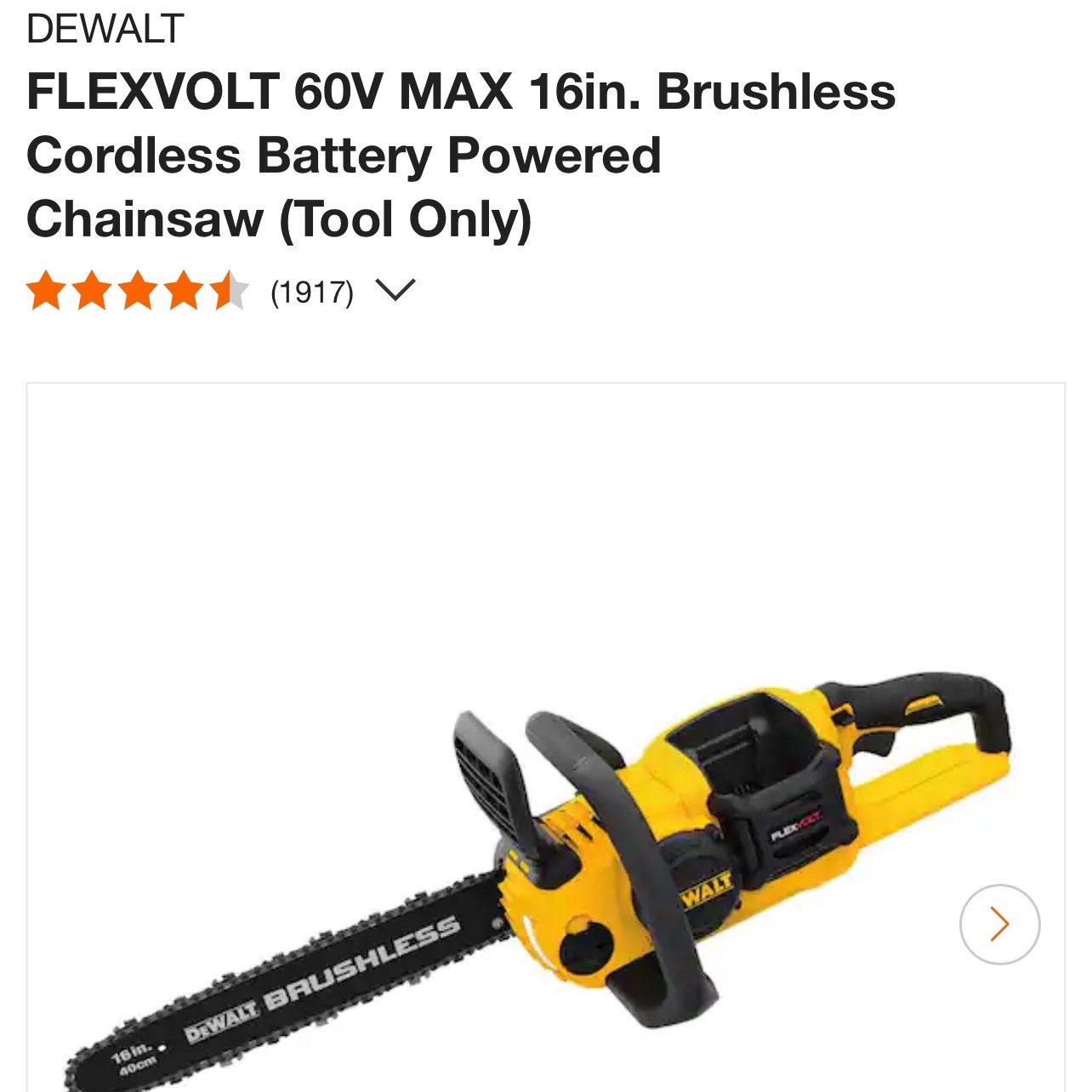 DEWALT FLEXVOLT 60V MAX 16in. Brushless Cordless Battery Powered Chainsaw (Tool Only)