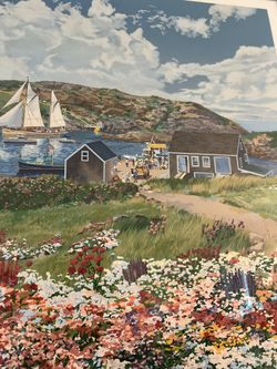 John Atwater Framed Coastal Village Print – Vibrant Landscape & Whimsical Charm