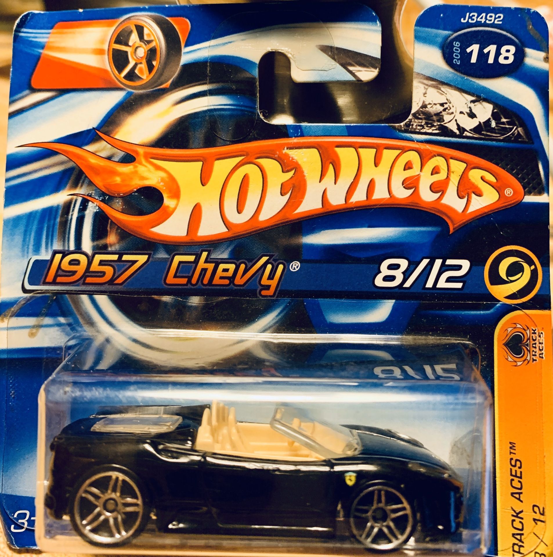 Hot Wheels error card....rarest of the rare! Ferrari 430 run short car stating it is a 1957 Chevy 8/12 track aces collector 118 2006 run
