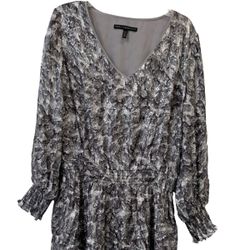 White House Black Market Women's Silver Black Metallic Feather Print Long Sleeve Smock Dress XLP