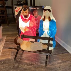 Vintage nativity set Mary Joseph Baby Jesus in manger lighted Christmas blow mold in box 4 piece  27“  w/ original paperwork  Works great 