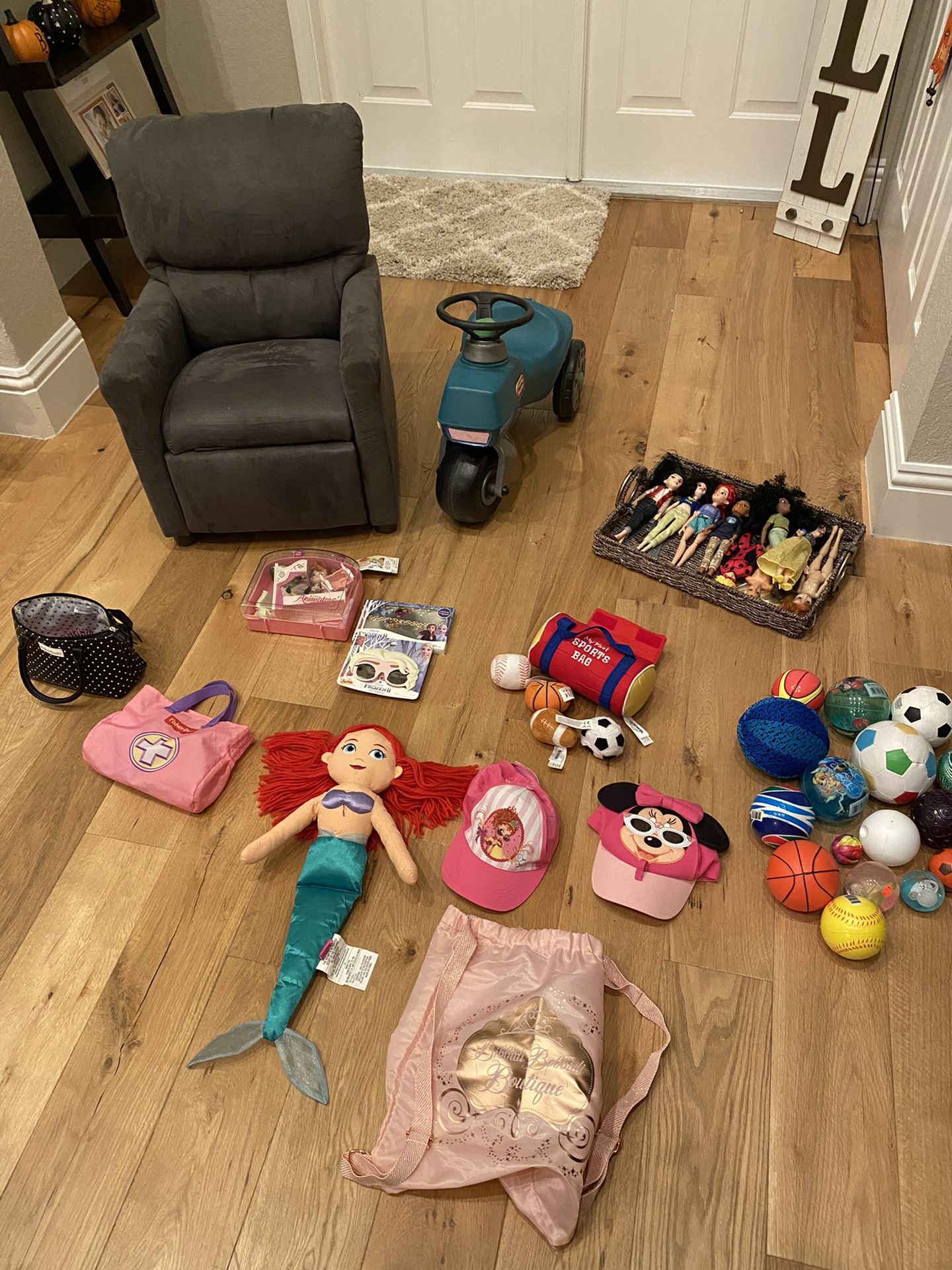 Lot Of Kids Toys, Chair, Ride On Tractor, Barbies And More