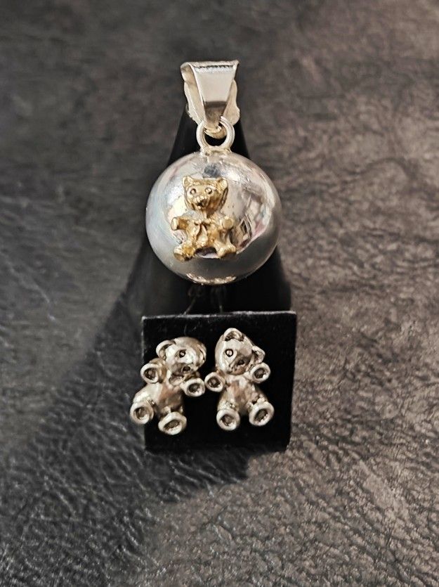 Sterling Silver TD-75 925 Mexico Teddy Bear Ball Pendant & Matching 925 Earrings With Gift Box
