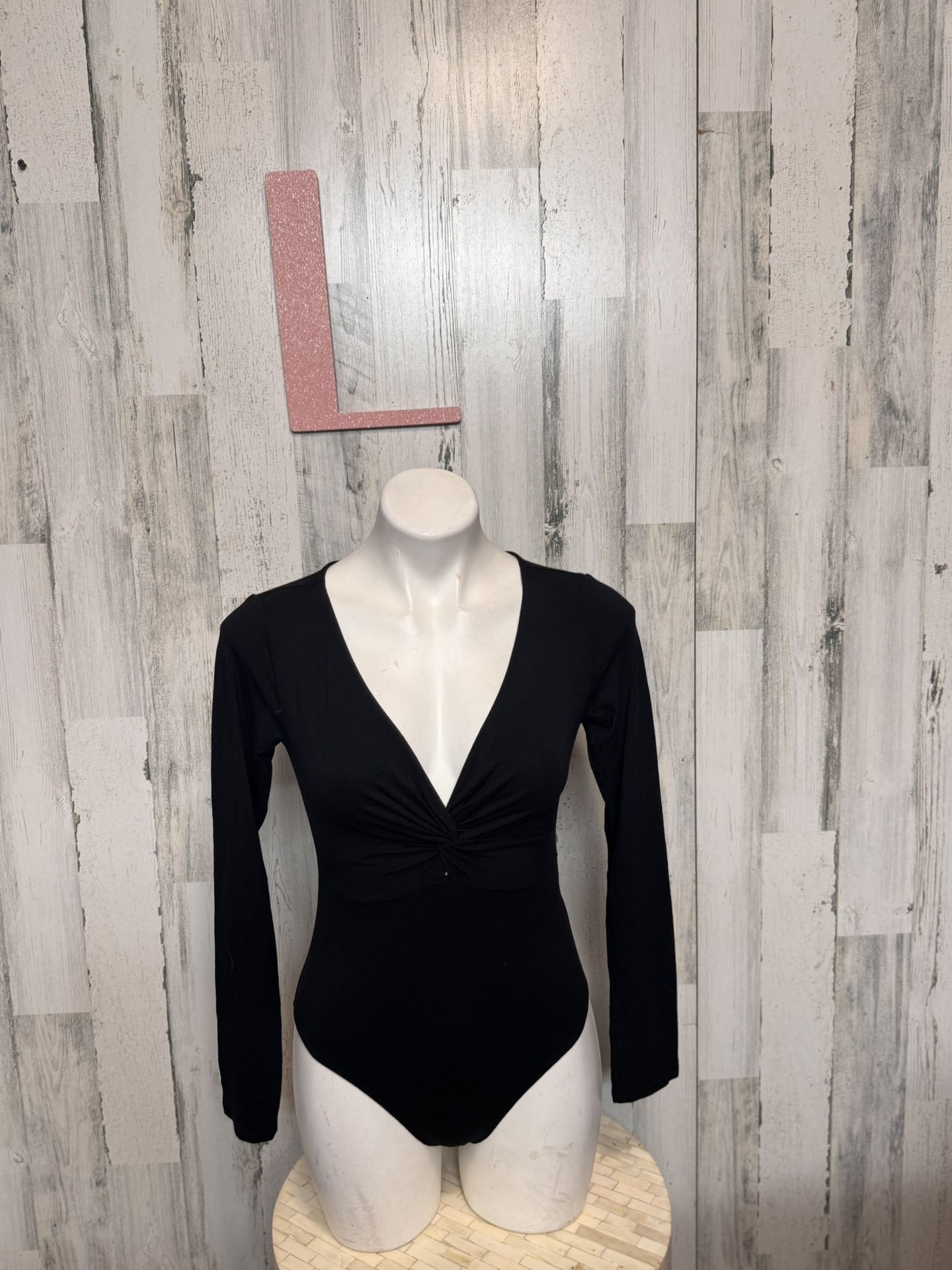 Forever 21 Black Long Sleeve Deep V Bodysuit Women’s Size L | Stretchy Knit One-Piece Top NWT