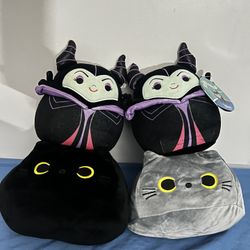 TWO Maleficent Squishmallows and TWO cat plushies 