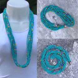 Beaded Necklace, Bohemian Necklace Statement, Turquoise Glass Seed Beads, Long Multi Strand Necklace, Handmade Necklace, Gift for Christmas
