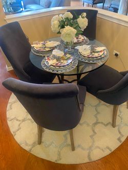 (4) Walter E. Smithe Navy Blue Velvet Evie Dining Chairs w/ Nailhead Trim in Excellent Condition