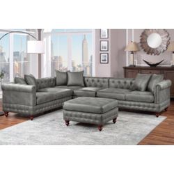 Gray Faux Leather Sectional Sofa With Ottoman
