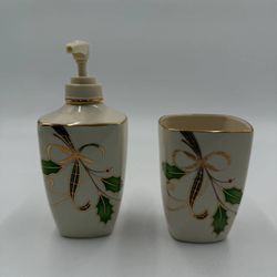 LENOX HOLIDAY NOUVEAU BATHROOM SOAP DISPENSER-TUMBLER Holly NEVER USED