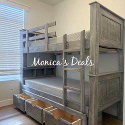 Solid Wood Twin/Twin Bunk Bed With 3 Drawers And Memory Foam Mattresses $1,080