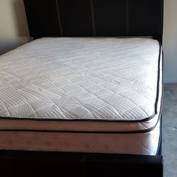 Brand New Queen Size Black Leather Platform Bed Frame +Pillowtop Mattress