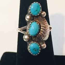 Navajo Pawn 3 Cabochon Turquoise Feather Beads Wire Sterling Ring Size 5.50