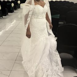 White Mermaid Wedding Dress With Long  Veil  