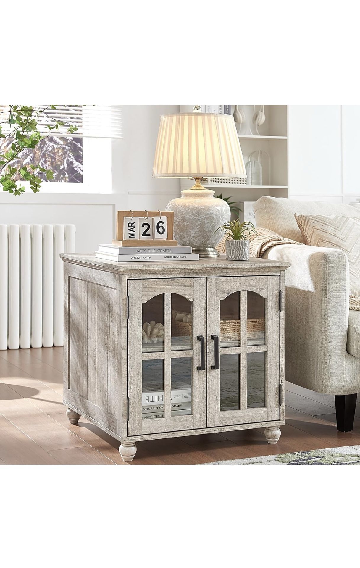 Farmhouse End Table with Charging Station,24" Large Sofa Side Table with Glass Barn Door,Rustic Wood Night Stand with Adjustable Storage Shelf,Square