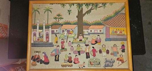 Vintage Hand-Embroidered Silk Asian Village Market Scene – Framed – 21.5" × 16"